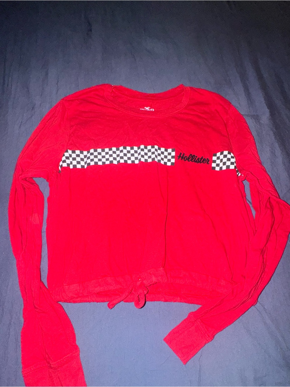 Hollister Red Long-Sleeve Crewneck Sweater with Black-and-White Checker Stripe